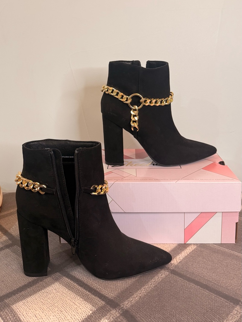 Shoe Dazzle Black Suede Ankle Boots with Gold Chain